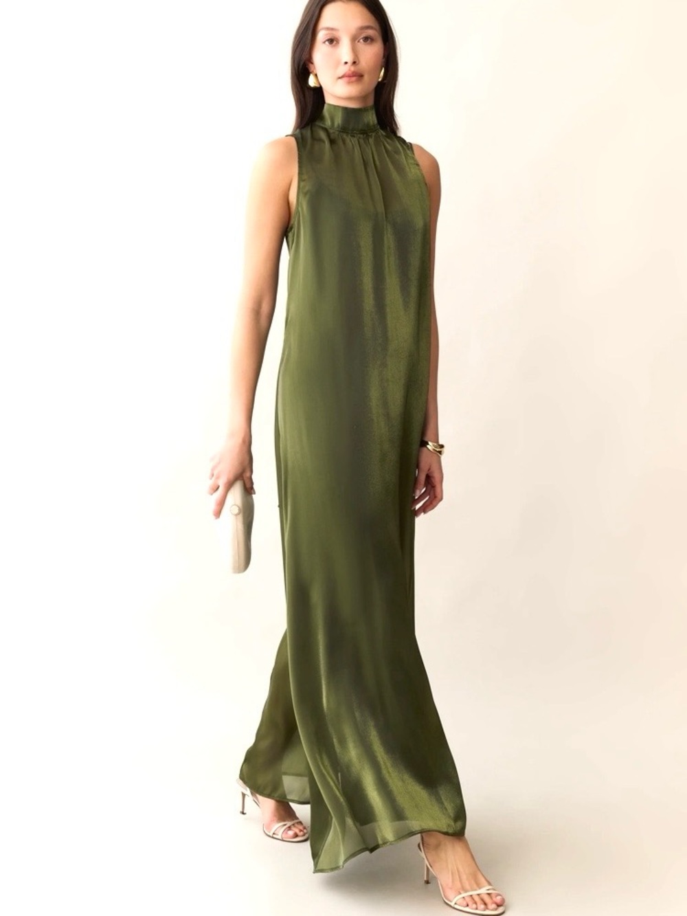 Few Moda Caara Olive Green High-Neck Satin Maxi Dress